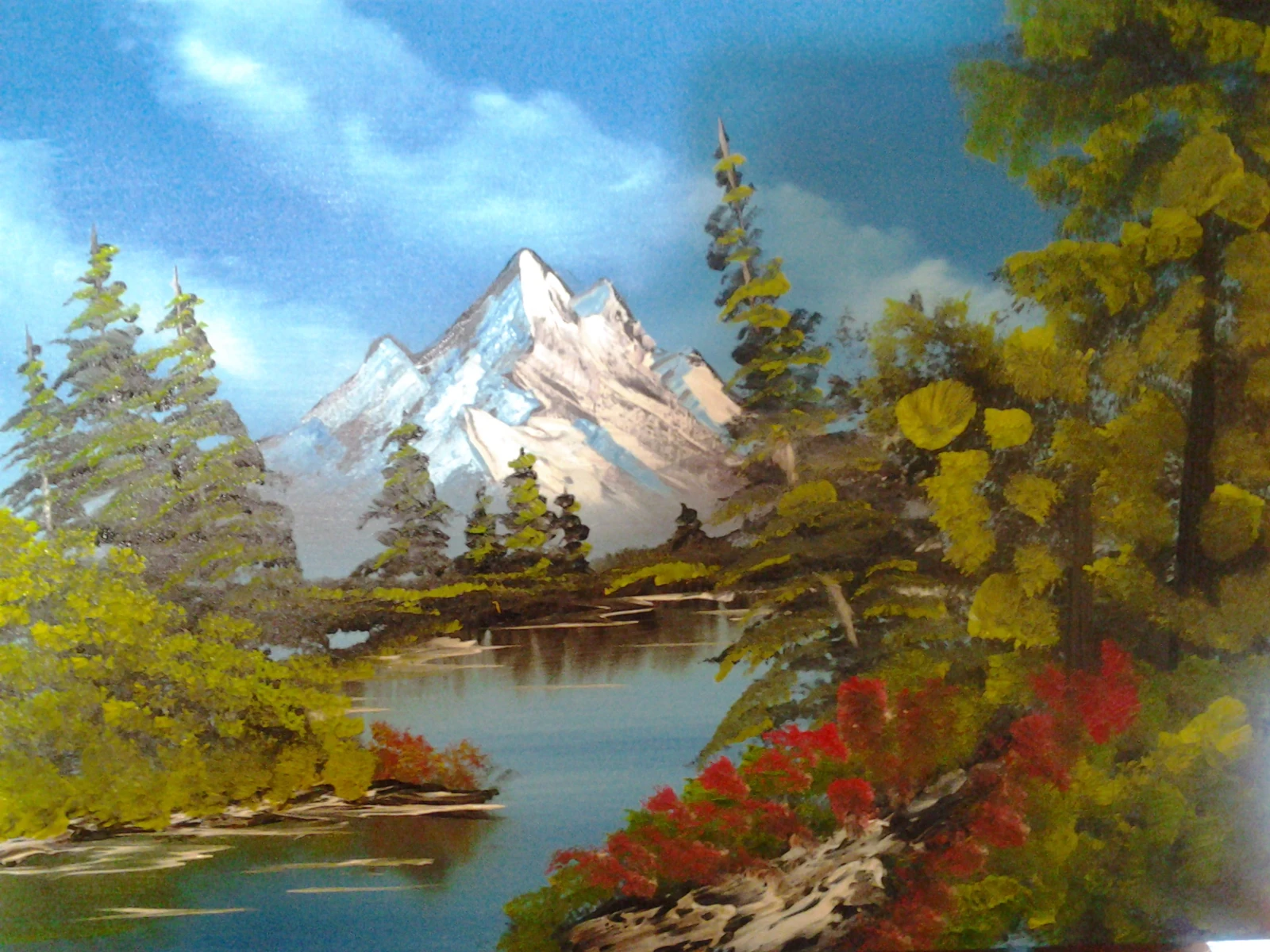 Miguel Lastra landscape painting with snowy mountains, a blue lake and colorful evergreen trees
